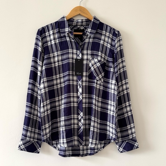 Rails Hunter Plaid Button Down Shirt Indigo Navy Rayon NWT Medium - Picture 4 of 8